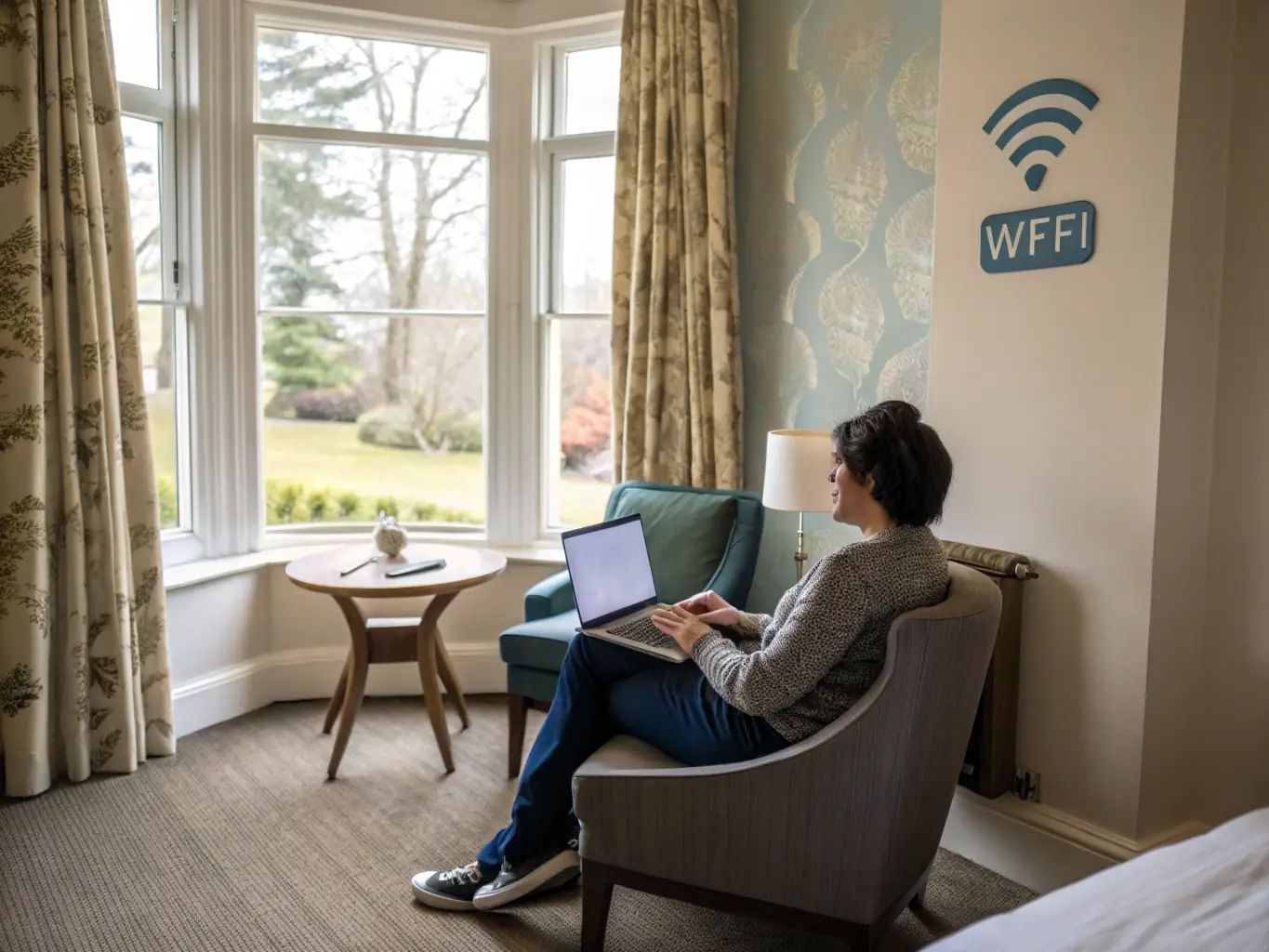 A modern hotel room interior featuring a high-speed Wi-Fi icon displayed on a laptop screen, emphasizing the availability of internet access.